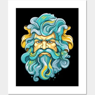 Greek God Poseidon, turquoise and yellow Posters and Art